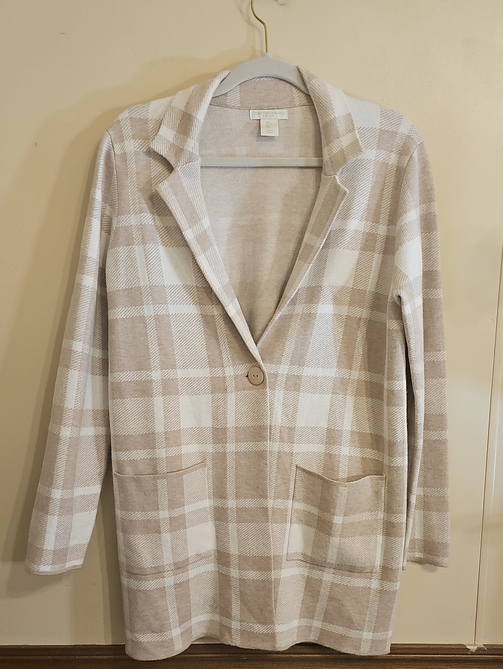 Christian Siriano New York Plaid Knit Blazer Cardigan Beige White Size L - Picture 2 of 5
